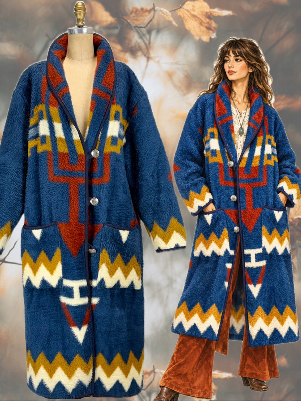 VINTAGE Southwest blanket style coat jacket long maxi Aztec ranch western y2k